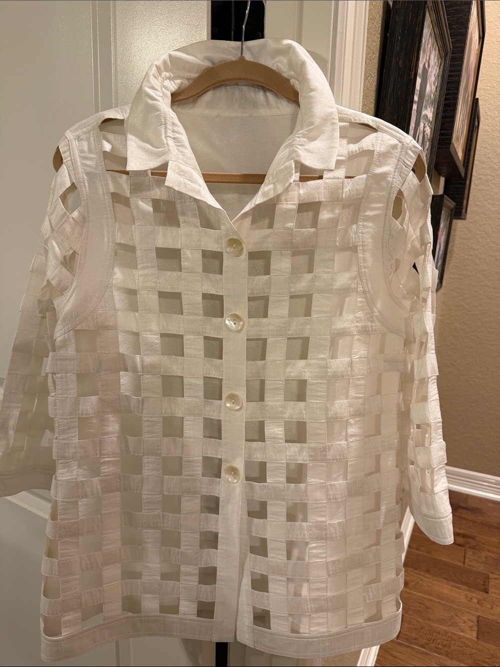 White Woven Openwork Button-Front Shirt